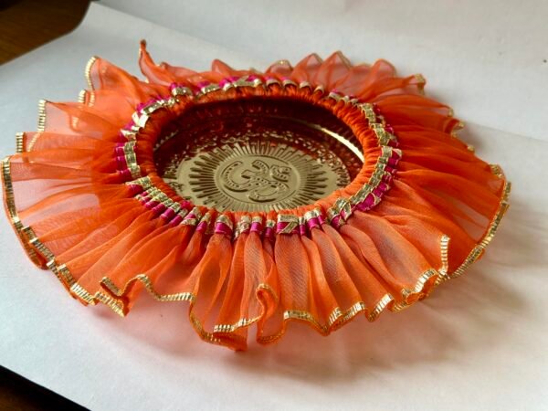 HALDI MEHENDI SHAADI 22 cm Brass Decorative Aarti Thali + Cover with Golden Border for Haldi Wedding Ceremonies, Puja Rituals, Thaal Cover Table Decor Diwali Holi (Orange)