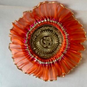 HALDI MEHENDI SHAADI 22 cm Brass Decorative Aarti Thali + Cover with Golden Border for Haldi Wedding Ceremonies, Puja Rituals, Thaal Cover Table Decor Diwali Holi (Orange)