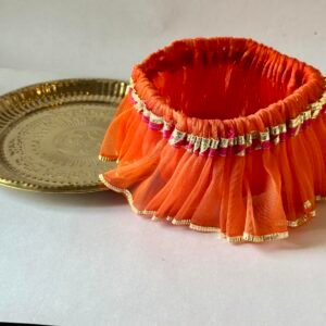 HALDI MEHENDI SHAADI 22 cm Brass Decorative Aarti Thali + Cover with Golden Border for Haldi Wedding Ceremonies, Puja Rituals, Thaal Cover Table Decor Diwali Holi (Orange)
