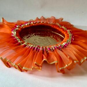 HALDI MEHENDI SHAADI 22 cm Brass Decorative Aarti Thali + Cover with Golden Border for Haldi Wedding Ceremonies, Puja Rituals, Thaal Cover Table Decor Diwali Holi (Orange)