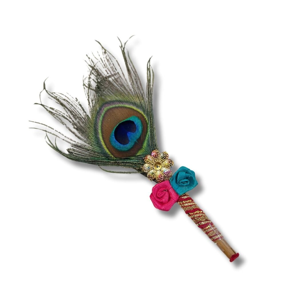 1 pc Mor Pankh Decorated Bamboo Tilak Stick for Tilak Function,Engagement,Grah Pravesh,Haldi Kumkum,Baraat Swagat,Wedding (Pooja Decor, Wooden) Kankotri Lekhan Stick - EN17A