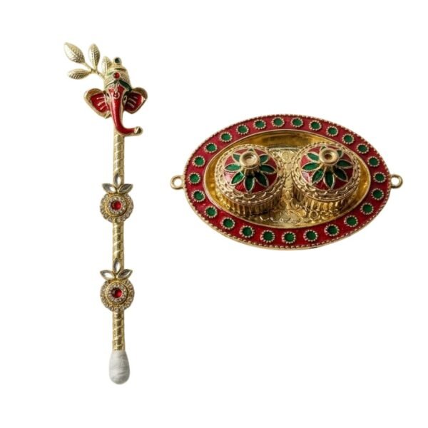 Haldi Kumkum Set + Ganesh Decorated Bamboo Tilak Stick for Tilak Function,Engagement,Grah Pravesh,Haldi Kumkum,Baraat Swagat,Wedding (Pooja Decor, Wooden) Kankotri Lekhan Stick - EN23C