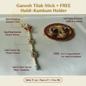 Haldi Kumkum Set + Ganesh Decorated Bamboo Tilak Stick for Tilak Function,Engagement,Grah Pravesh,Haldi Kumkum,Baraat Swagat,Wedding (Pooja Decor, Wooden) Kankotri Lekhan Stick - EN23C