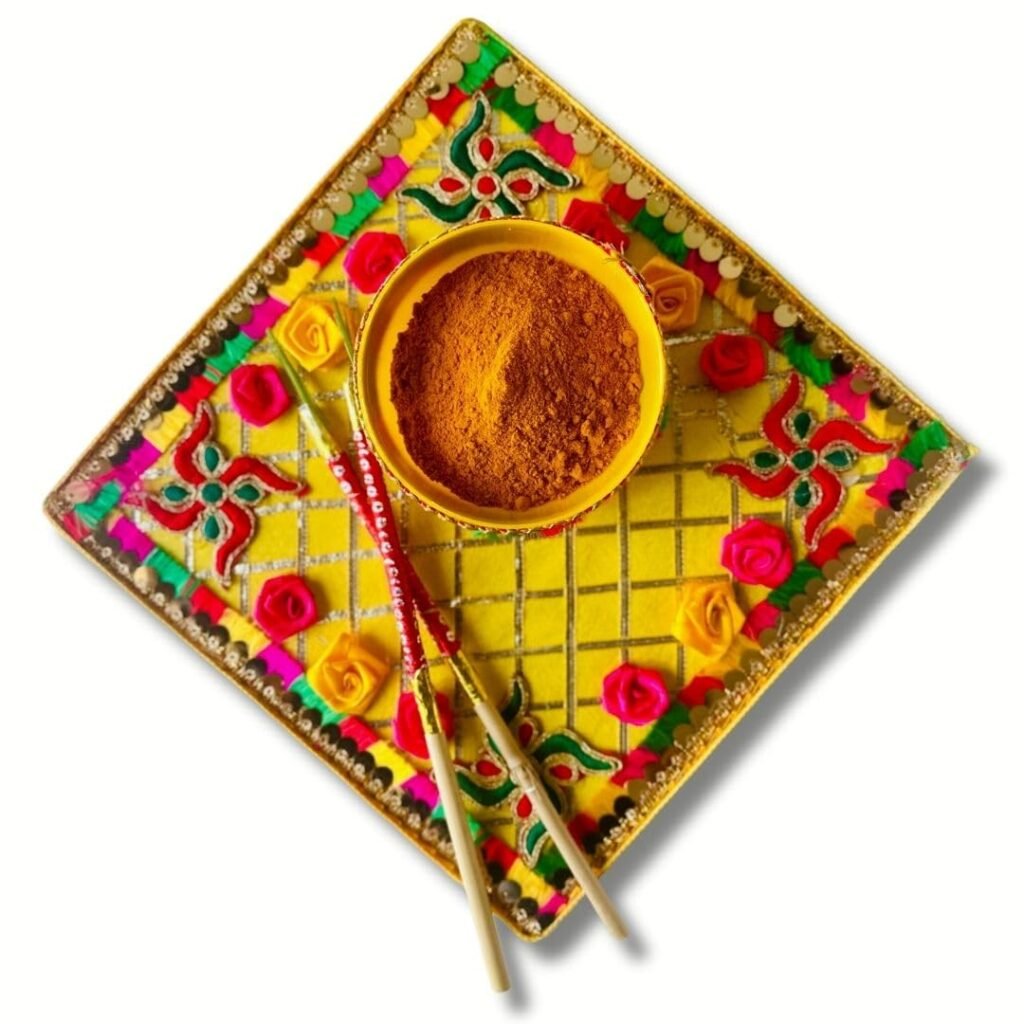 Decorated Haldi Thali with 2 Sticks, Free Haldi Mix | Wedding Ceremony Decoration Items for Marriage Bride & Groom Platter - HA1