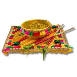 Decorated Haldi Plate with 2 Sticks, Free Haldi Mix | Premium Wedding Ceremony Decoration Items for Marriage - HA18