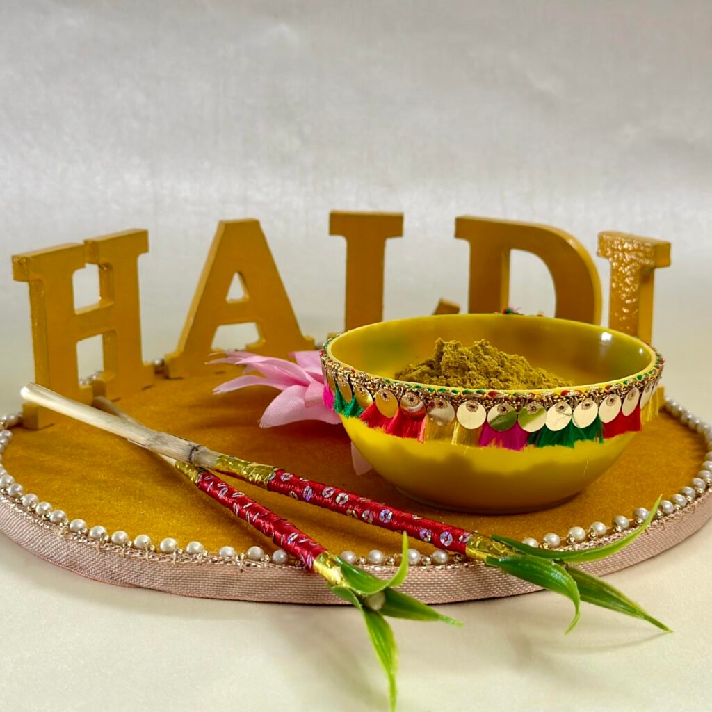 Decorated Haldi Round Board with 2 Sticks, Free Haldi Mix | Premium Wedding Ceremony Decoration Items for Marriage - HA19