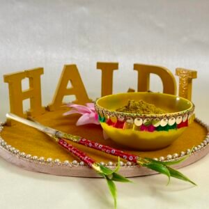 Decorated Haldi Round Board with 2 Sticks, Free Haldi Mix | Premium Wedding Ceremony Decoration Items for Marriage - HA19