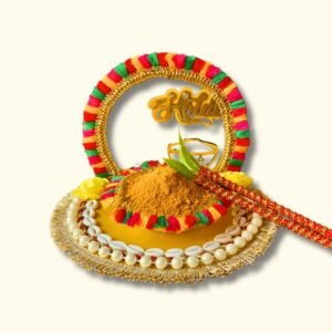 Decorated Haldi Plate for Haldi Function with 2 Sticks, Free Haldi Mix | Premium Wedding Ceremony Decoration Items for Marriage (Haldi English) - HA19A