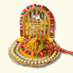 Decorated Haldi Plate for Haldi Function with 2 Sticks, Free Haldi Mix | Premium Wedding Ceremony Decoration Items for Marriage (Haldi Hindi) - HA19B
