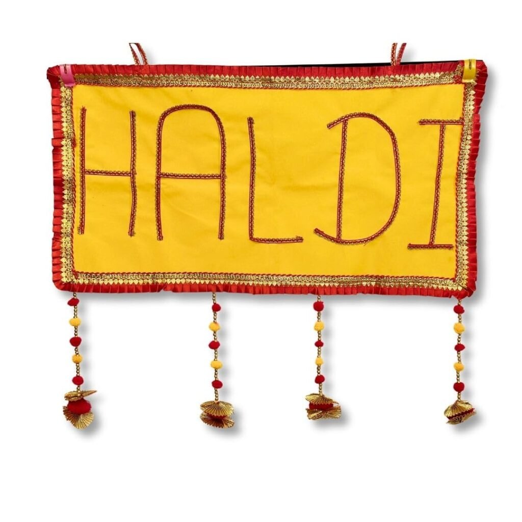 Haldi Name English Banner (Velvet) with Latkan Props Backdrop Marriage Function Stage | North Indian Hindu Marathi Wedding Decorations (Yellow, Red) - HA35
