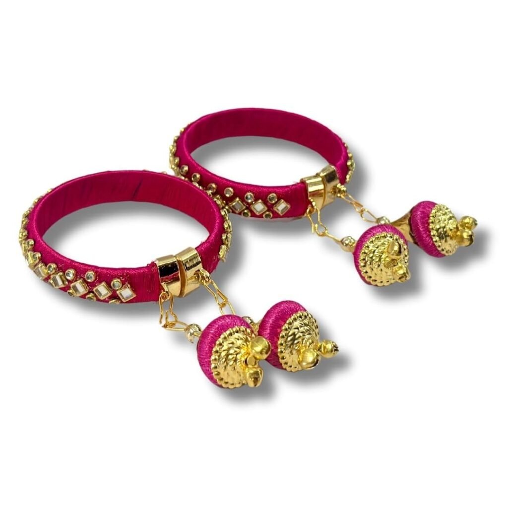 Pair of Bangles with Latkan & Mirrorwork for Bride during Wedding, Baby Shower, Haldi Ceremony Accessories, Adjustable Bangle Jewellery (Pink) - HA40P