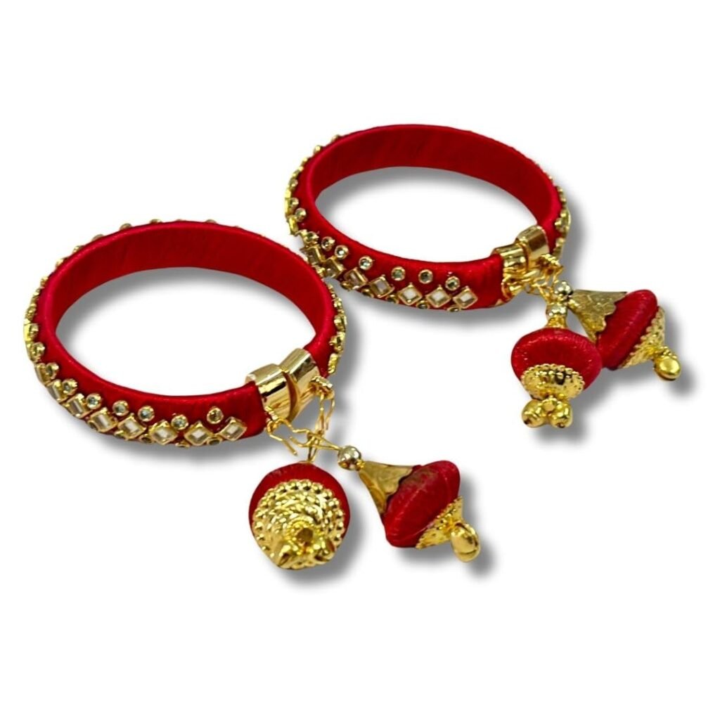 Pair of Bangles with Latkan & Mirror for Bride during Wedding, Baby Shower, Haldi Ceremony Accessories, Adjustable Bangle Jewellery (Red) - HA40R