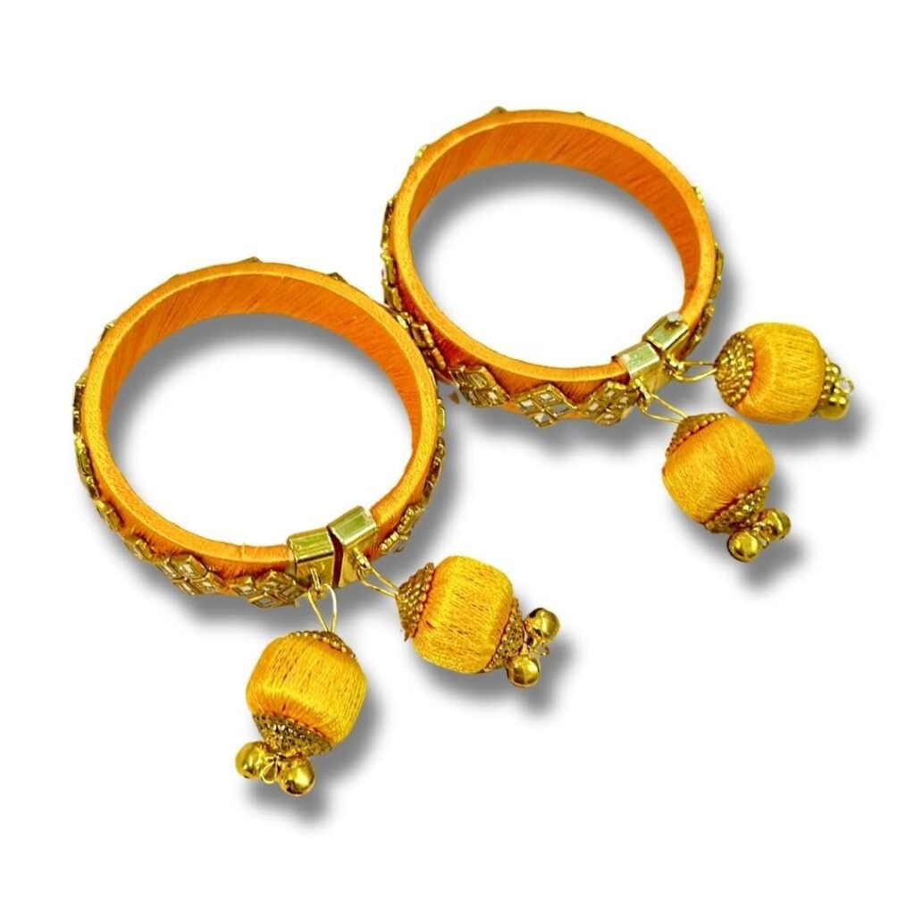 Pair of Bangles with Latkan & Mirror for Bride during Wedding, Baby Shower, Haldi Ceremony Accessories, Adjustable Bangle Jewellery (Yellow) - HA41Y